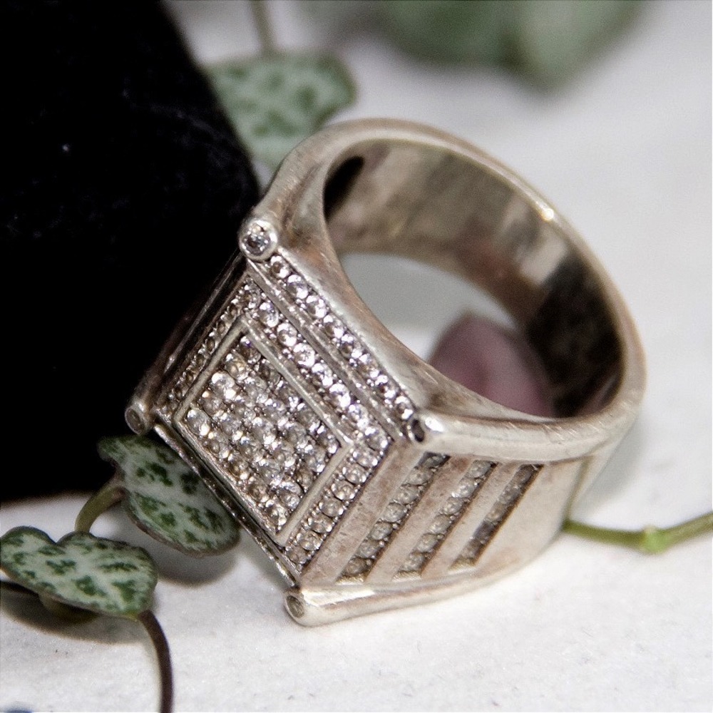VTG HEAVY Sterling Silver 925 Iced Out Square Signet Ring Mens Size 8.5 CZ Band